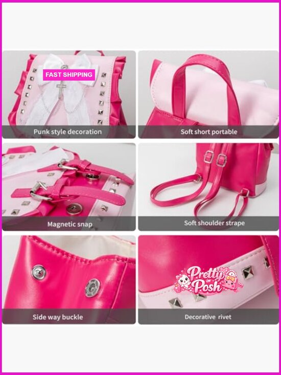 Mini Studded Lace Bow Backpack with Cross Charm, Gothic Rivet Backpack